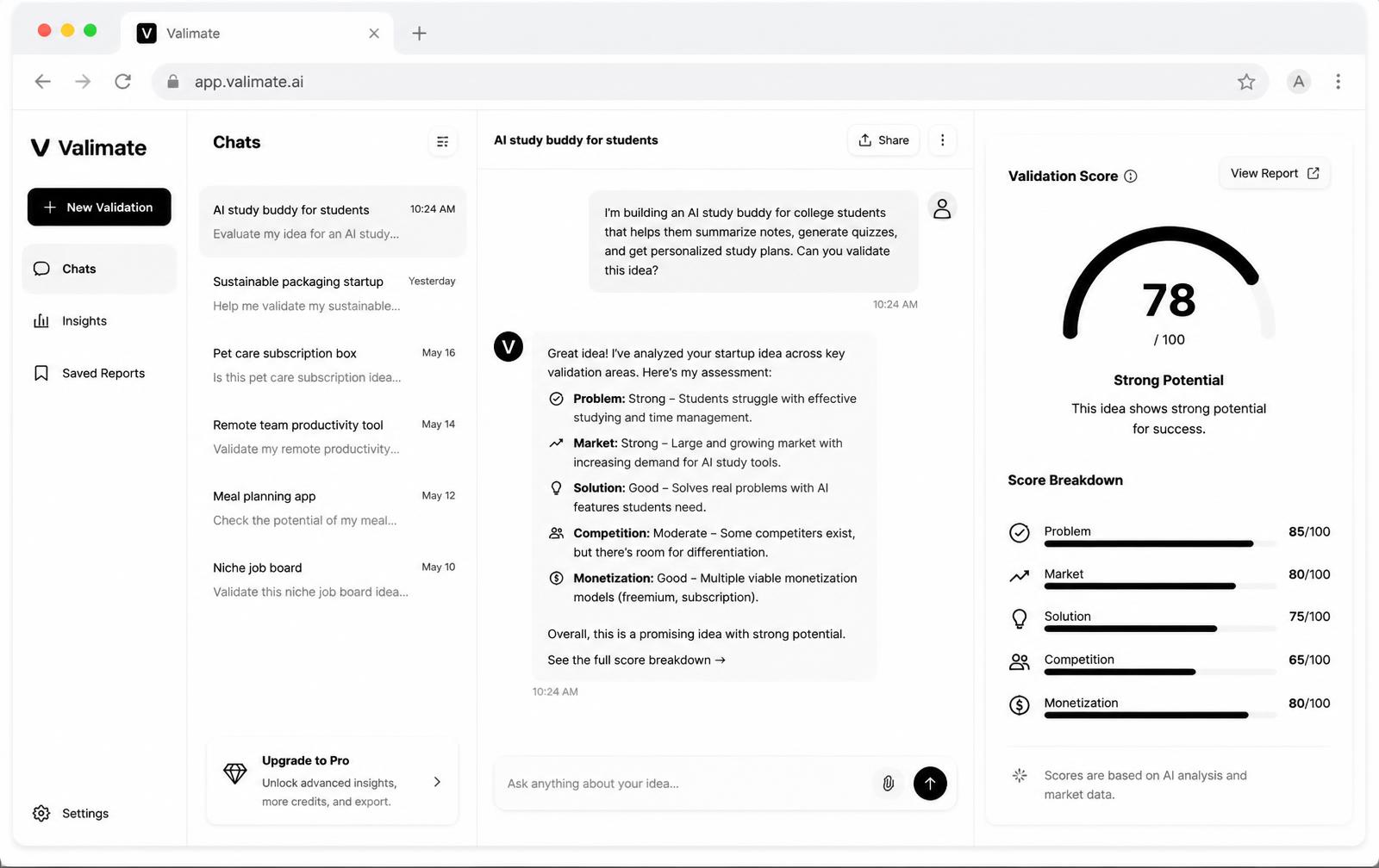 The Valimate workspace: AI advisor chat with a live validation score